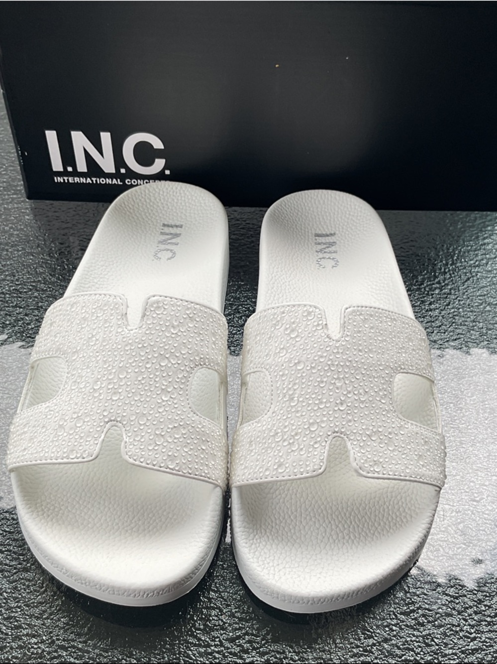 INC International Concepts White Crystal-Embellished Slide Sandals